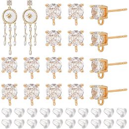 BENECREAT 20PCS Real 18k Gold Plated Brass Studs, Cubic Zirconia Stud Making Kit and 40 PCS Plastic Ear Plugs with Hoop Earrings for DIY Jewellery for Earrings, Hole: 1.5mm