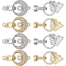 DICOSMETIC 8Pcs 4 Styles Flat Round Fold Over Clasps Extenders Clasp with Butterfly Micro Pave Clear Cubic Zirconia Clasp Brass Dangle Charm Connector Clasp for Necklace Jewelry Making, Hole: 1/2.2mm