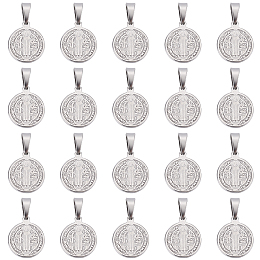 DICOSMETIC 20Pcs 304 Stainless Steel Pendants, Religion, Flat Round with Saint Benedict, Stainless Steel Color, 15x12x1.5mm, Hole: 5x3mm