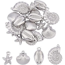 UNICRAFTALE 16pcs 4 Styles Cowrie Shell/Starfish/Shell Charms Stainless Steel Charm Metal Small Hole Pendants for Jewelry Making, Stainless Steel Color