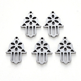 Honeyhandy Religion Theme, 201 Stainless Steel Pendants, Laser Cut, Hamsa Hand/Hand of Fatima/Hand of Miriam, Stainless Steel Color, 18x12x1.5mm, Hole: 1.2mm