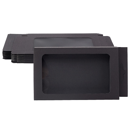Foldable Creative Kraft Paper Box, Wedding Favour Boxes, Paper Gift Box, with PVC Clear Window, Rectangle, Black, 19.9x10.5x2.7cm