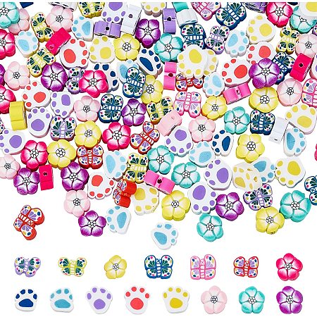 NBEADS 300 Pcs 5 Colors Polymer Clay Beads, Flower Paw Print Butterfly Beads Handmade Polymer Clay Spacer Beads Soft Pot Beads for DIY Jewelry Making