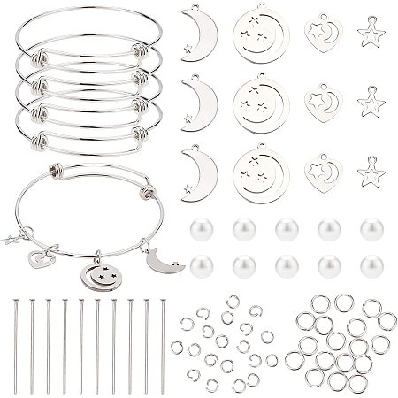 BENECREAT DIY Charm Bangle Making Kit, Moon and Star Jewelry Bracelet with Stainless Steel Pendants Pins, Jump Rings and Expandable Bangle for Girls