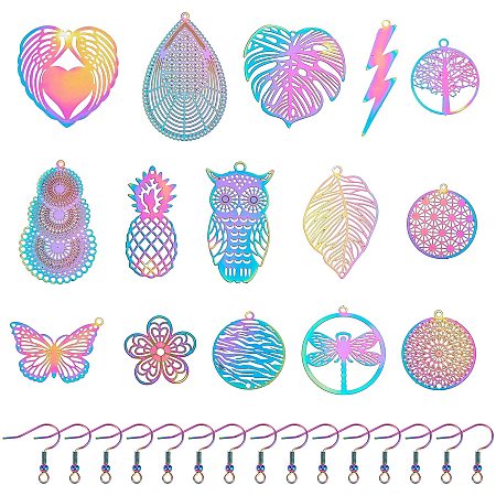 PandaHall Elite 30pcs 15 Styles Filigree Pendants, Multi-Color Charms Embellishments Owl Butterfly Leaf Pendants Stainless Steel Charms with 60pc Earring Hooks for DIY Earring Necklace