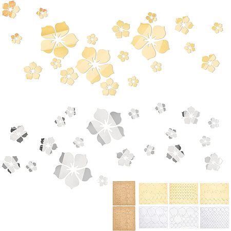 PandaHall Elite 36pcs 3D Flower Mirror Wall Sticker 2 Colors 3 Sizes DIY Acrylic Mirror Tile Self Adhesive Wall Sticker for Home Bathroom Bedroom Living Room Sofa Wall Decoration, Golden Silver