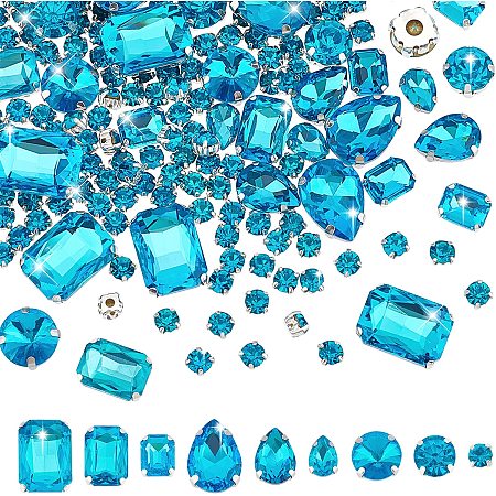 PandaHall Elite 198pcs Sew on Rhinestones, 9 Size Flatback Claw Rhinestones for Sewing Blue Glass Rhinestones with Silver Prong Setting for Clothes Shoes Dress Hats Craft Projects