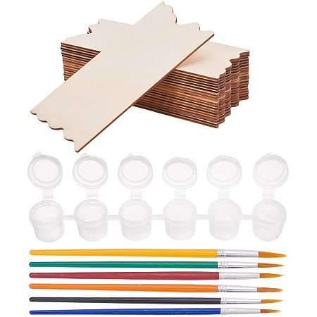 Pandahall Elite 20 Pack Unfinished Wood Sign Wood Pieces with 2 Strips 5ml Mini Paint Pot Pod Strips, 6 of Set Brushes Pen for Schools, Summer Camps, Outdoor Painting