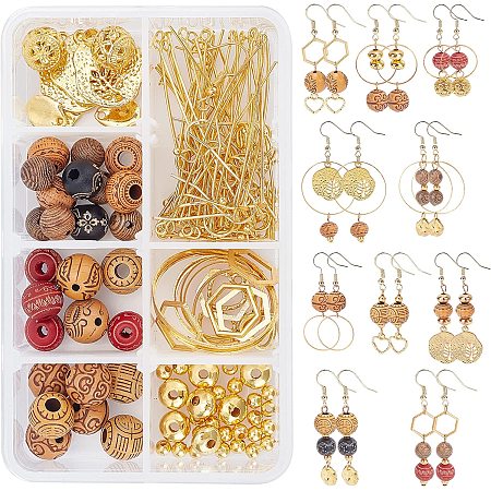 SUNNYCLUE DIY 10 Pairs Wood Beads Dangle Earrings Making Kit Natural Wood Beads Charms Jump Rings & Earring Hooks for Beginners Jewelry Making Supplies