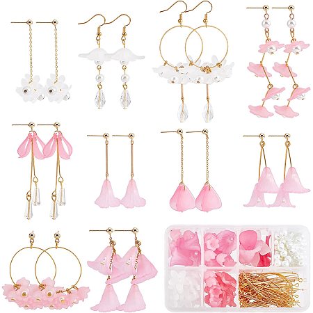 SUNNYCLUE 1 Box DIY 10Pairs Acrylic Flower Charms Petal Charms Earrings Making Kit Pink Flower Charms Faceted Glass Beads Imitation Pearl Beads Post Earring Findings Earrings Hooks Adult Women