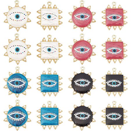 NBEADS 16 Pcs Enamel Evil Eye Charms, Square/Sun with Eye Charms Alloy Pendants with ABS Plastic Imitation Pearl for DIY Necklace Bracelet Earring Making, Mixed Color