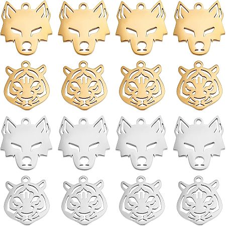 BENECREAT 16Pcs 4 Styles Animal Stainless Steel Pendants, Wolf Head and Tiger Head Pendants Charms for Bracelet Necklace Jewelry Craft Making, Hole: 1.4mm
