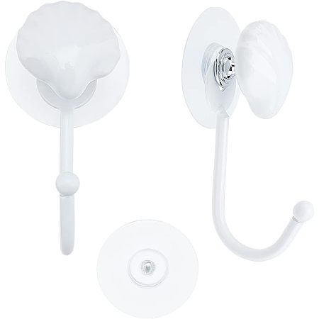 Arricraft Porcelain Decorative Hook Hangers, with Iron Hook & Plastic Seamless Sticker, Shell Shape, White, 46.5~100x47~60x11~33mm, 3pcs/set, 2 sets