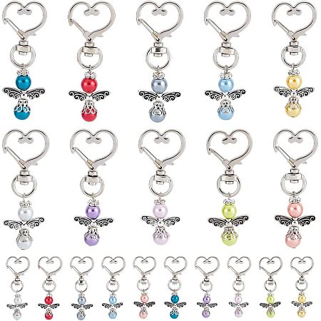 PandaHall Elite 20pcs Angel Keychains, Lucky Angel Charms 10 Colors Alloy Swivel Heart Angel Wings with Beads Tibetan Angel Keyrings for Bag Guests Wedding Party Baptism Decor