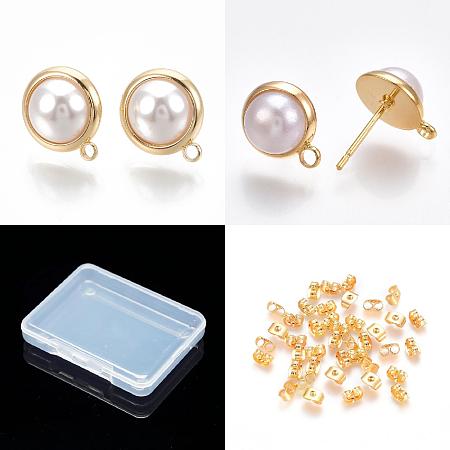 Arricraft 16Pcs 2 Size Brass Stud Earring Findings, with Horizontal Loops & ABS Plastic Imitation Pearl Beads & 20Pcs Iron Ear Nuts, Dome/Half Round, Golden, 15.5x13mm, Pin: 1mm, 12.5x10mm, Pin: 0.8mm, Hole: 1.8mm, 8Pcs/size