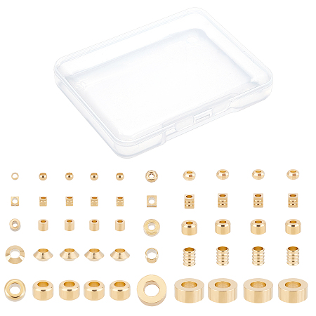 CREATCABIN 1 Box 60Pcs 6 Styles Assorted Spacer Beads 24K Gold Plated Brass Ball Round Square Cube Spacer Column Bead Charm Loose Bead for DIY Jewelry Making Necklaces Bracelets Accessories