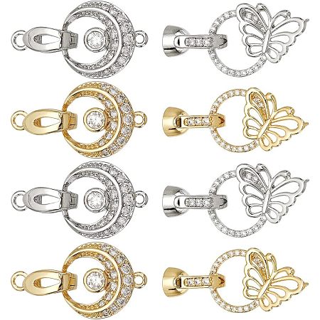 DICOSMETIC 8Pcs 4 Styles Flat Round Fold Over Clasps Extenders Clasp with Butterfly Micro Pave Clear Cubic Zirconia Clasp Brass Dangle Charm Connector Clasp for Necklace Jewelry Making, Hole: 1/2.2mm