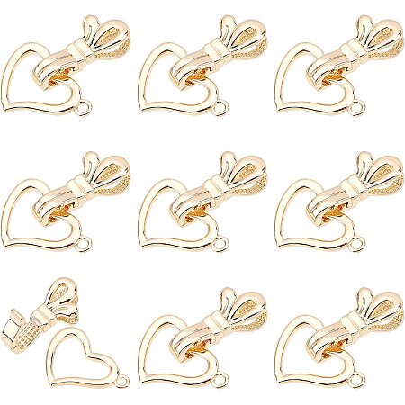 SUPERFINDINGS 10 Sets Brass Fold Over Clasps Bowknot with Heart Necklace Bracelet Extenders Real 18K Gold Plated Fold Over Extension Clasp for Jewelry Making