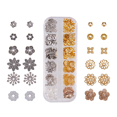 PandaHall Elite About 313 Pcs Alloy and Brass Flower Bead Caps 12 Styles for Jewelry Making Mixed Colors