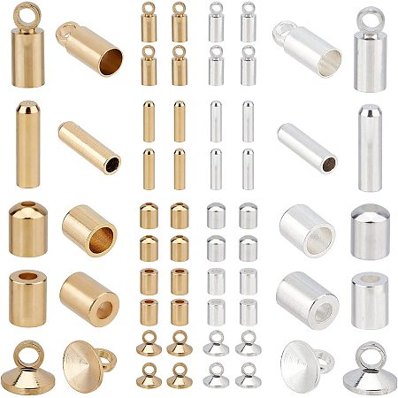 SUNNYCLUE 1 Box 5 Styles 50Pcs Brass Cord Ends Tips Tube End Caps Clasps Screw Clasps Crime Ends Jewellery Findings Accessories for DIY Bracelet Necklace Jewellery Making Crafts, Silver & Golden