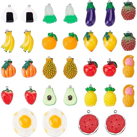 NBEADS 32 Pcs 16 Styles Imitation Food Resin Pendants, Fruit Vegetables Hanging Ornament Watermelon Orange Litchi Cabbage Charms with Iron Loop for Earrings Keychain Jewelry Making