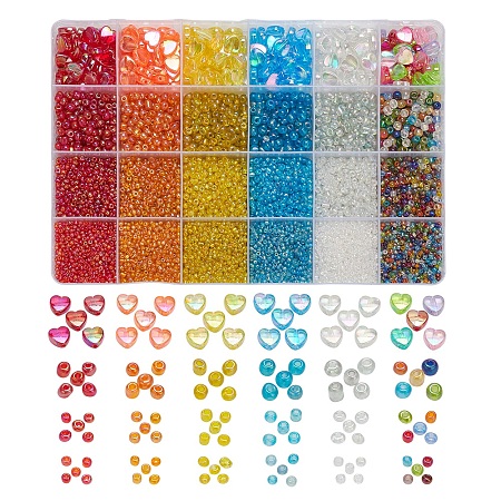ARRICRAFT 24 Style Round Glass Seed Beads, with Heart Acrylic Beads, Mixed Color, 2~4mm, Hole: 1~1.5mm, 9156pcs/box