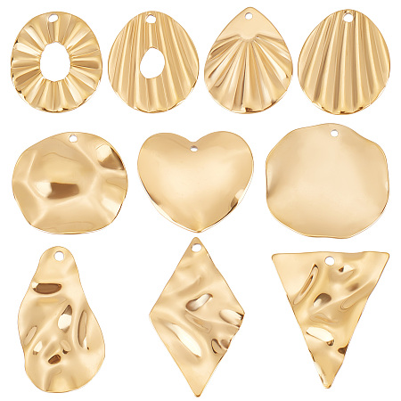 Beebeecraft 20Pcs 10 Style 304 Stainless Steel Pendant, Shell Effect Textured Charms, Oval & Teardorp & Rhombus & Nuggets, Real 18K Gold Plated, 21.5~32.5x17~24x0.5~1mm, Hole: 1.2~1.6mm, 2pcs/style
