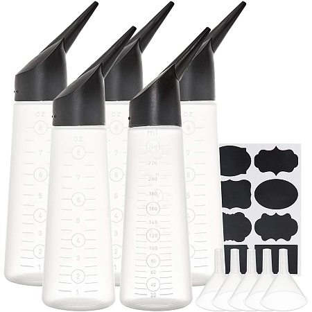 BENECREAT 5 Pack 8.5oz Plastic Squeeze Hair Salon Applicator Bottle with Long Black Tip and Scale, Hoppers and Label for Hair Wash Dying