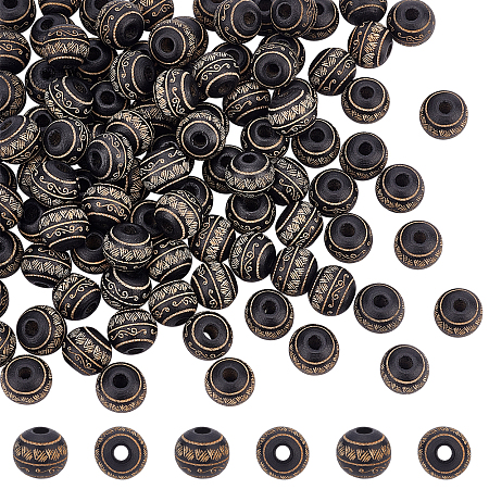 Olycraft 100Pcs Painted Natural Wood Beads, Round with Laser Engraved Leaf Pattern, Black, 10x9mm, Hole: 2.5mm
