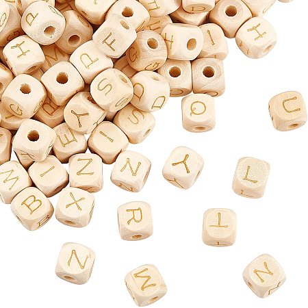 OLYCRAFT 104pcs 12mm Alphabet Wooden Beads Natural Square Wooden Beads BurlyWood Wooden Large Hole Beads with Initial Letter for Jewelry Making and DIY Crafts