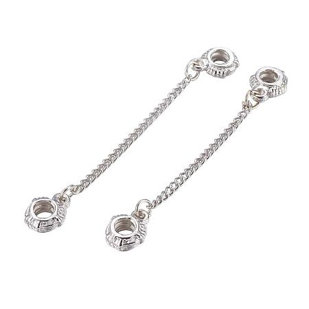 NBEADS 2 Sets Platinum Alloy European Rondelle Beads with Link Chain Nickel Free, 56~66mm; Beads: 13x10mm, Hole: 4mm