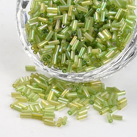 Honeyhandy Tube Transparent Colours Rainbow Plated Glass Bugle Beads, Yellow Green, 3~5x1.8~2mm, Hole: 0.8mm, about 1200pcs/50g