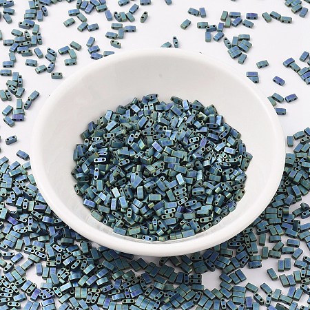 MIYUKI Half TILA Beads, Japanese Seed Beads, 2 Hole, (HTL2064) Matte Metallic Blue Green Iris, 5x2.3x1.9mm, Hole: 0.8mm; about 250pcs/10g