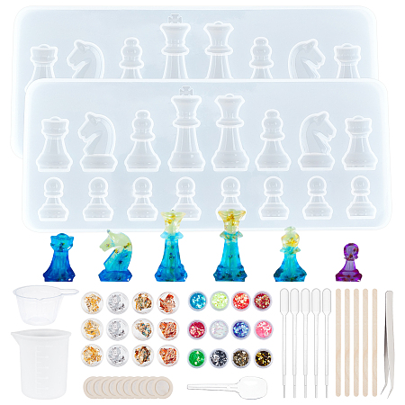Silicone Chess Shaped Mold Kits, Resin Jewelry Making, Include Wooden Craft Sticks, Sequins/Paillettes, Measuring Cup & 304 Stainless Steel Beading Tweezers, Mixed Color, 6.6x5.8x3.2cm; Capacity: 40ml