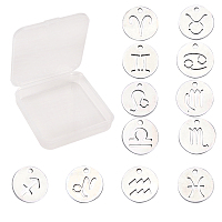 SUNNYCLUE 304 Stainless Steel Charms, for DIY Jewelry Making, Flat Round with Constellation/Zodiac Sign, Stainless Steel Color, 12x1mm, Hole: 1mm, 12pcs/box