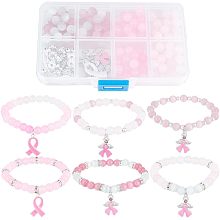 SUNNYCLUE 1 Box DIY 6 Sets Breast Cancer Awareness Bracelets Pack Pink Ribbon Charms Beading Bracelet Making Kit Hope Health Aware Charm Imitation Jade Round Beads for Jewelry Making Kits Women Craft