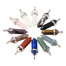 Honeyhandy 12Pcs 12 Style Natural Gemstone Double Terminated Pointed Pendants, with Random Alloy Pendant Hexagon Bead Cap Bails, Bullet, Platinum, 36~45x12mm, Hole: 3x5mm, 1pc/style