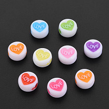 Honeyhandy Craft Style Acrylic Beads, Flat Round with Heart & Word Love, Mixed Color, 9.5x5mm, Hole: 2mm, 200pcs/box