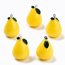 Opaque Resin Pendants, with Platinum Tone Iron Peg Bails, Bergamot Pear, Yellow, 24x13x13mm, Hole: 2mm