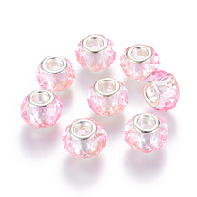 Honeyhandy Handmade Glass European Beads, Large Hole Beads, Silver Color Brass Core, Pearl Pink, 14x8mm, Hole: 5mm