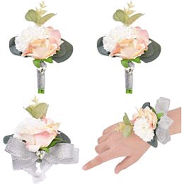 CHGCRAFT 4pcs 2 Styles Flower Wrist Corsage Boutonniere Set Wrist Corsage Flower Set Artificial Peony Rose Corsage Set Silk Ribbon Bride Wristband Men Boutonniere for Wedding Party Prom Suit