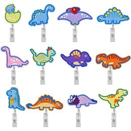 SUPERFINDINGS 12Pcs 12 Styles Dinosaur Theme Felt Badge Reels Holders Cute Reel Retractable Nurse Badge Holder Animal Badge Reel Clips with Alligator Clip Nursing Name Badge Holder for Doctor Teacher