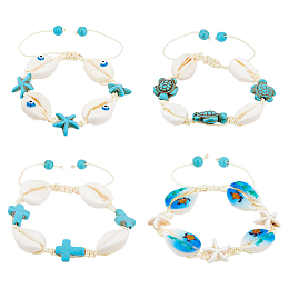 FIBLOOM 4Pcs 4 Style Natural Shell with Evil Eye Braided Bead Bracelets Set, Cross & Starfish & Turtle Polyester Adjustable Bracelets, Mixed Shapes, Inner Diameter: 2-1/8~3-1/2 inch(5.3~8.8cm), 1Pc/style
