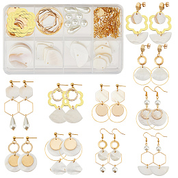 SUNNYCLUE 1 Box DIY 10 Pairs Flat Round Charms Freshwater Shell Charms Pendants Earrings Making Kit Teardrop Beads for Jewelry Making Brass Linking Rings Starters Adult Women Golden Instruction