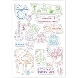 GLOBLELAND Daily Life Pattern Silicone Clear Stamps Guitar Cake Bear Flower Theme for Card Making DIY Scrapbooking Photo Album Decorative Paper Craft,6.3x4.3 Inches