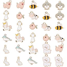 SUNNYCLUE 1 Box 30Pcs 10 Styles Animal Enamel Charms Cow Cat Rabbit Bird Dog Unicorn Shape Alloy Pendants Flatback Light Gold Plated for DIY Jewelry Bracelets Crafts Making Supplies