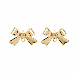 Honeyhandy Brass Stud Earring Findings, Nickel Free, Bowknot, Real 18K Gold Plated, 11x16mm, Hole: 1.2mm, Pin: 0.6mm