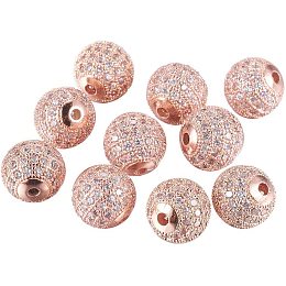 Brass Micro Pave Cubic Zirconia Beads, Round, Clear, Rose Gold, 10mm, Hole: 2mm; 10pcs/box