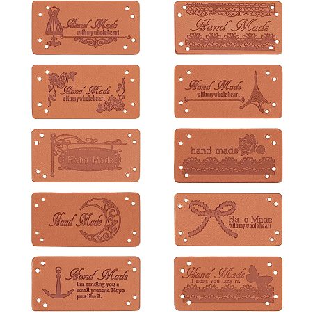 PU Leather Labels, Handmade Embossed Tag, with Holes, for DIY Jeans, Bags, Shoes, Hat Accessories, Rectangle, Dark Salmon, 60pcs/box
