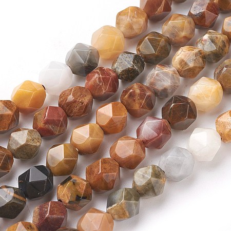 Arricraft Nature Petrified Wood Beads Strands, Star Cut Round Beads, Faceted, Sandy Brown, 7~8mm, Hole: 1mm, about 47~48pcs/strand, 14.5 inches~15 inches(37~38cm)